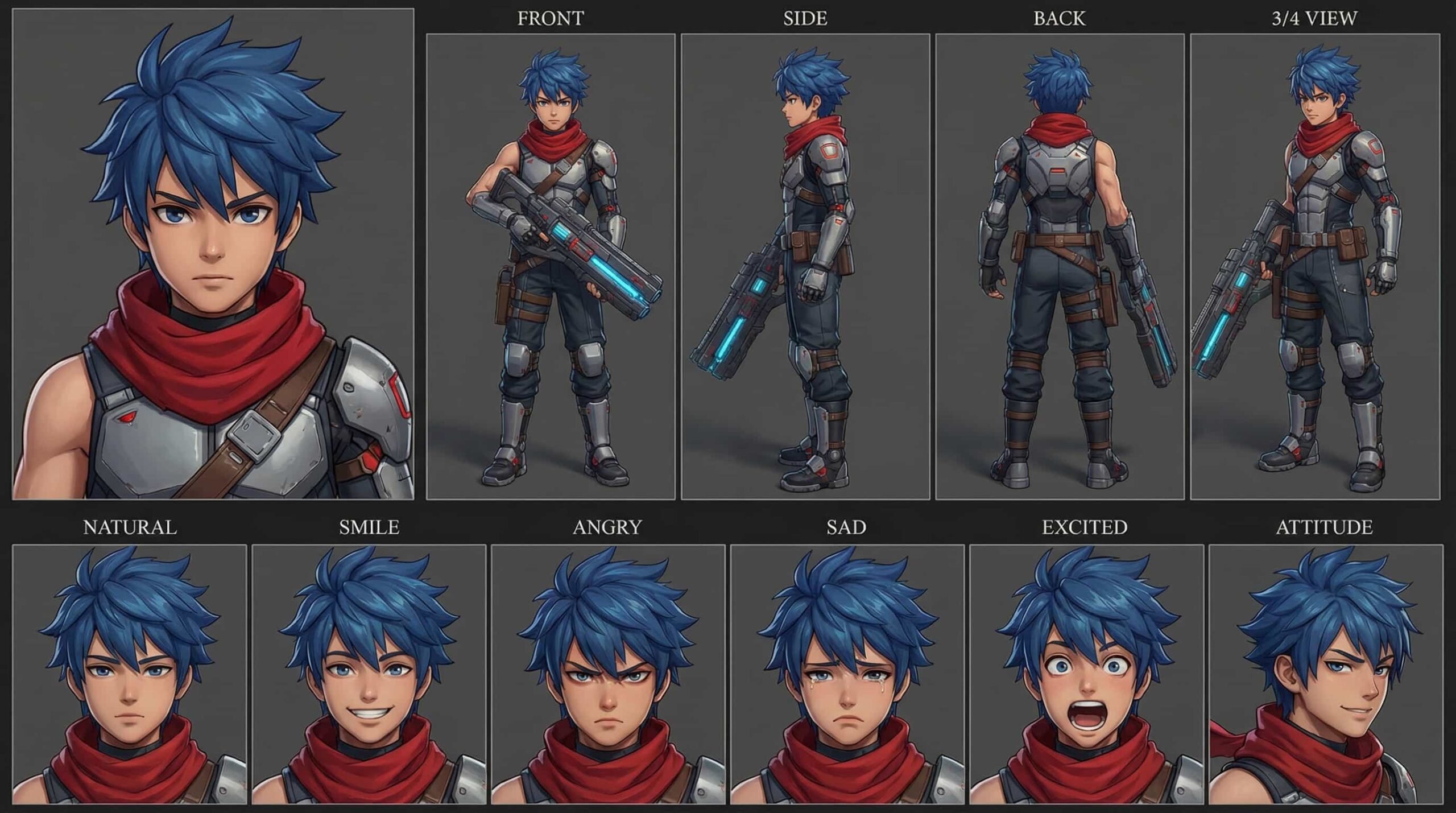 Futuristic cyberpunk soldier anime male character sheet with blue spiky hair, tactical armor, and glowing energy rifle. Multi-angle 2D character design for sci-fi games and AI art.