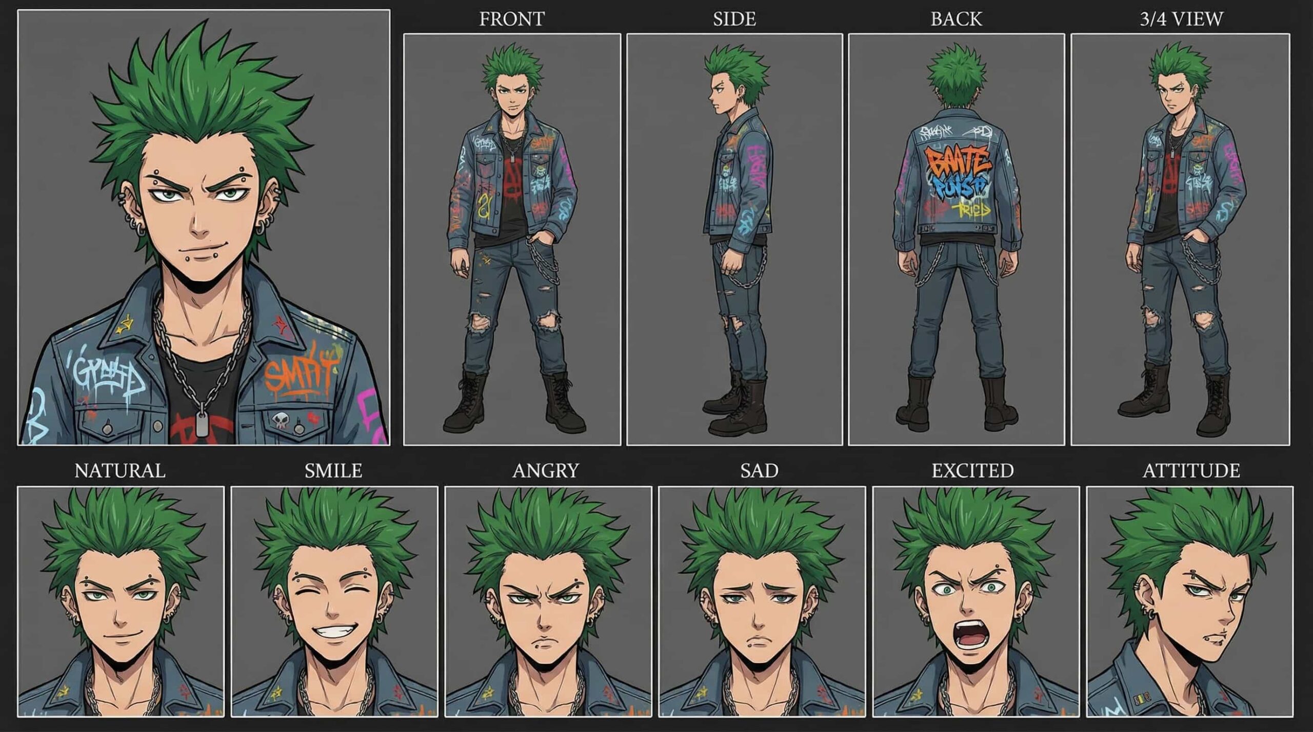 Full character sheet of a punk rock anime boy with spiky green hair, piercings, a graffiti-covered denim jacket, and ripped jeans, displaying various expressions and poses.
