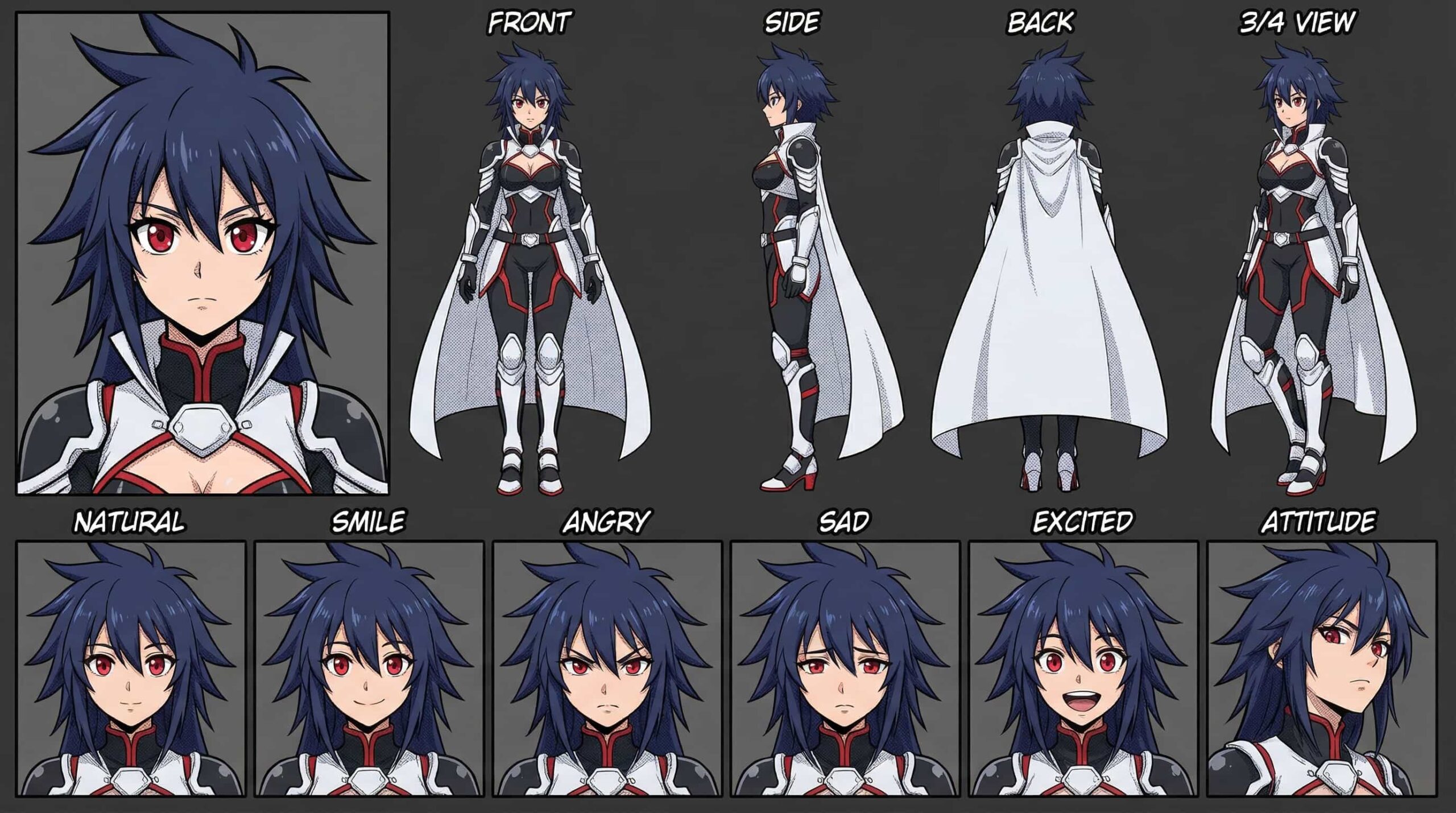 2D anime character design of a dark blue-haired sci-fi commander girl with red eyes, black and white futuristic armor, and a white cape. Multi-angle reference sheet for OC.