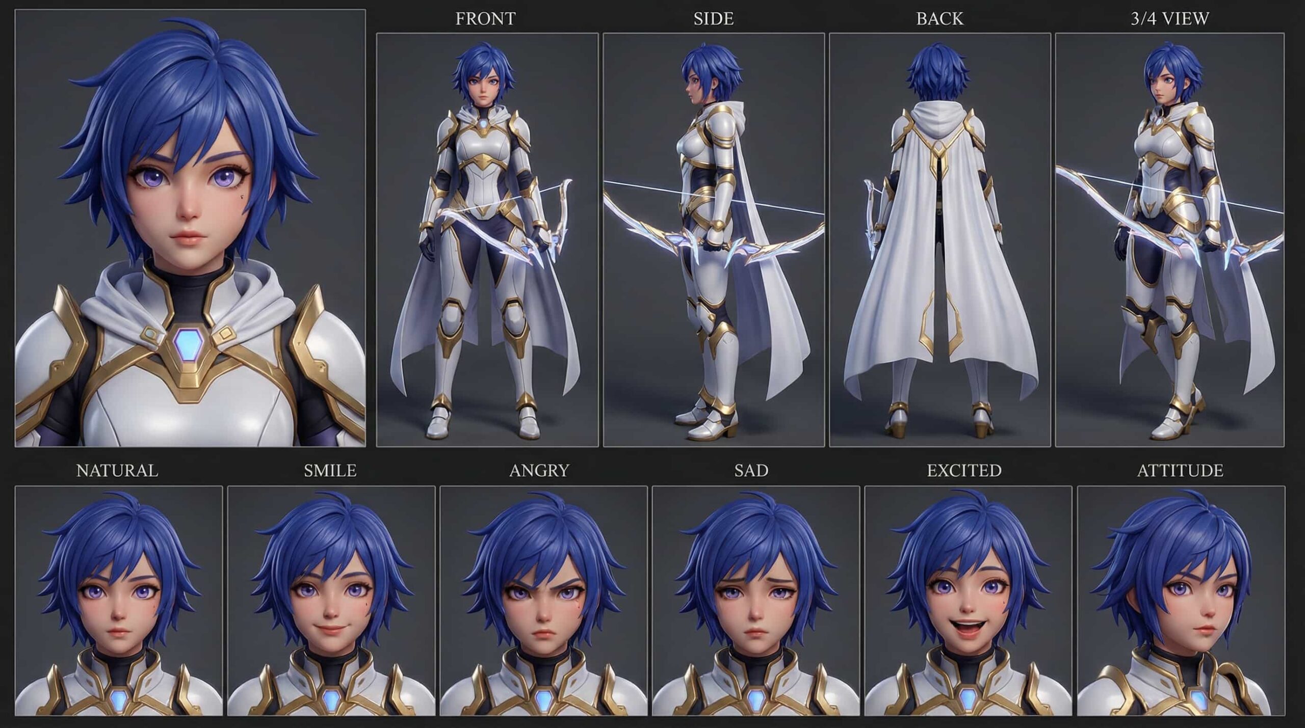 Elegant 3D anime archer girl character sheet with short blue hair, purple eyes, and a glowing bow, presented in a magical stylized render