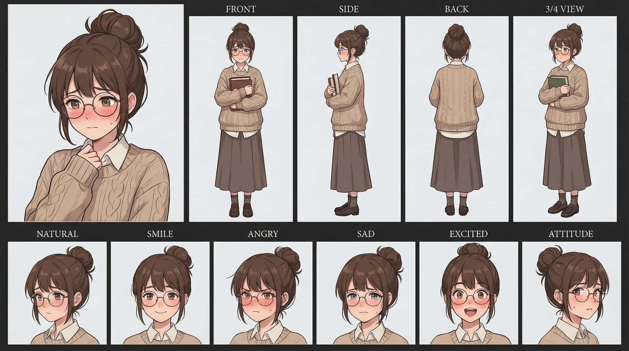 Character sheet of a shy library anime girl with brown hair in a bun, round glasses, wearing an oversized beige sweater and long skirt, holding books, with various expressions.