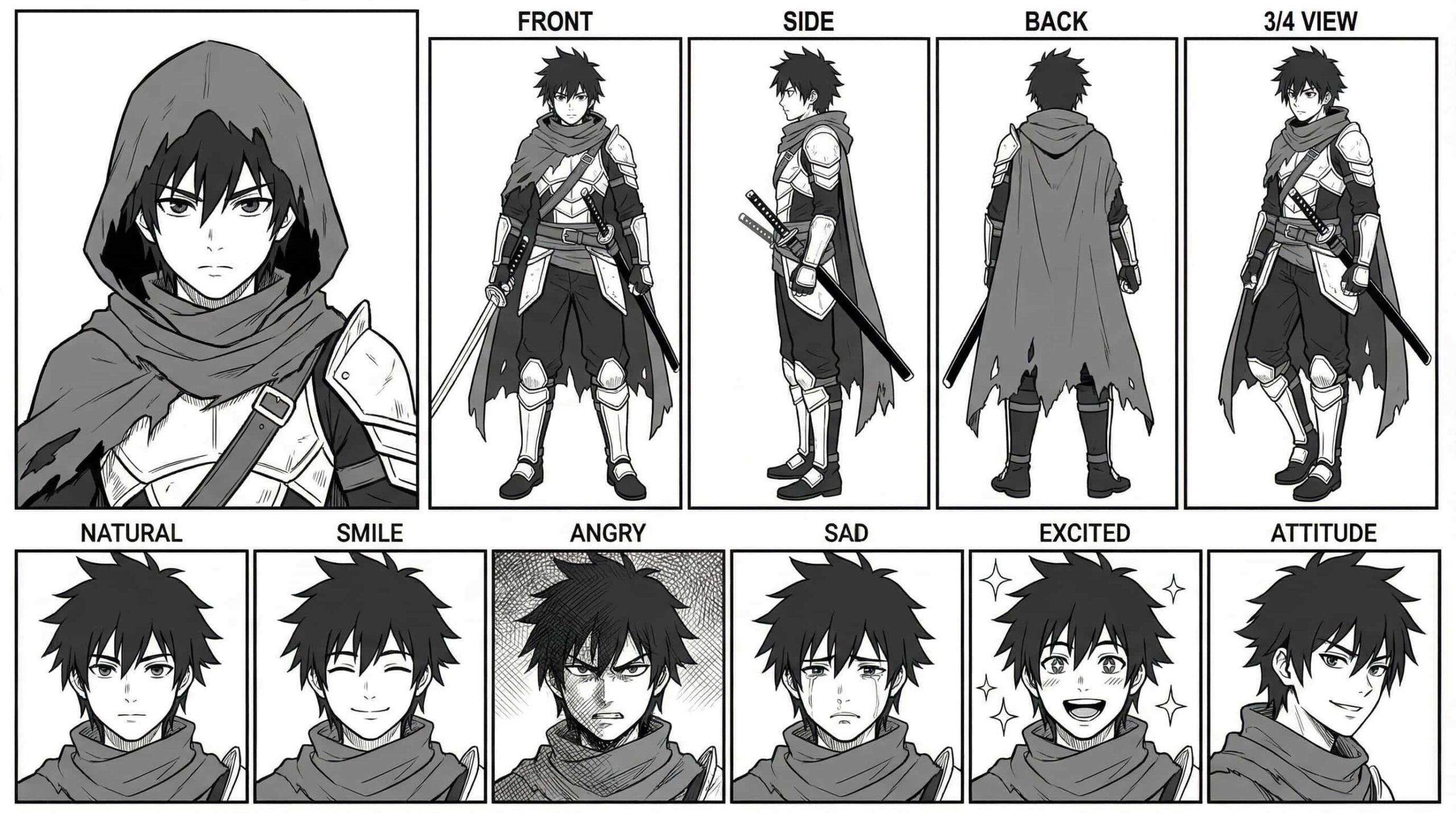 2D anime character design of a hooded dark fantasy rogue boy with spiky black hair, dark grey cloak, and dual katanas. Multi-angle reference sheet for OC.