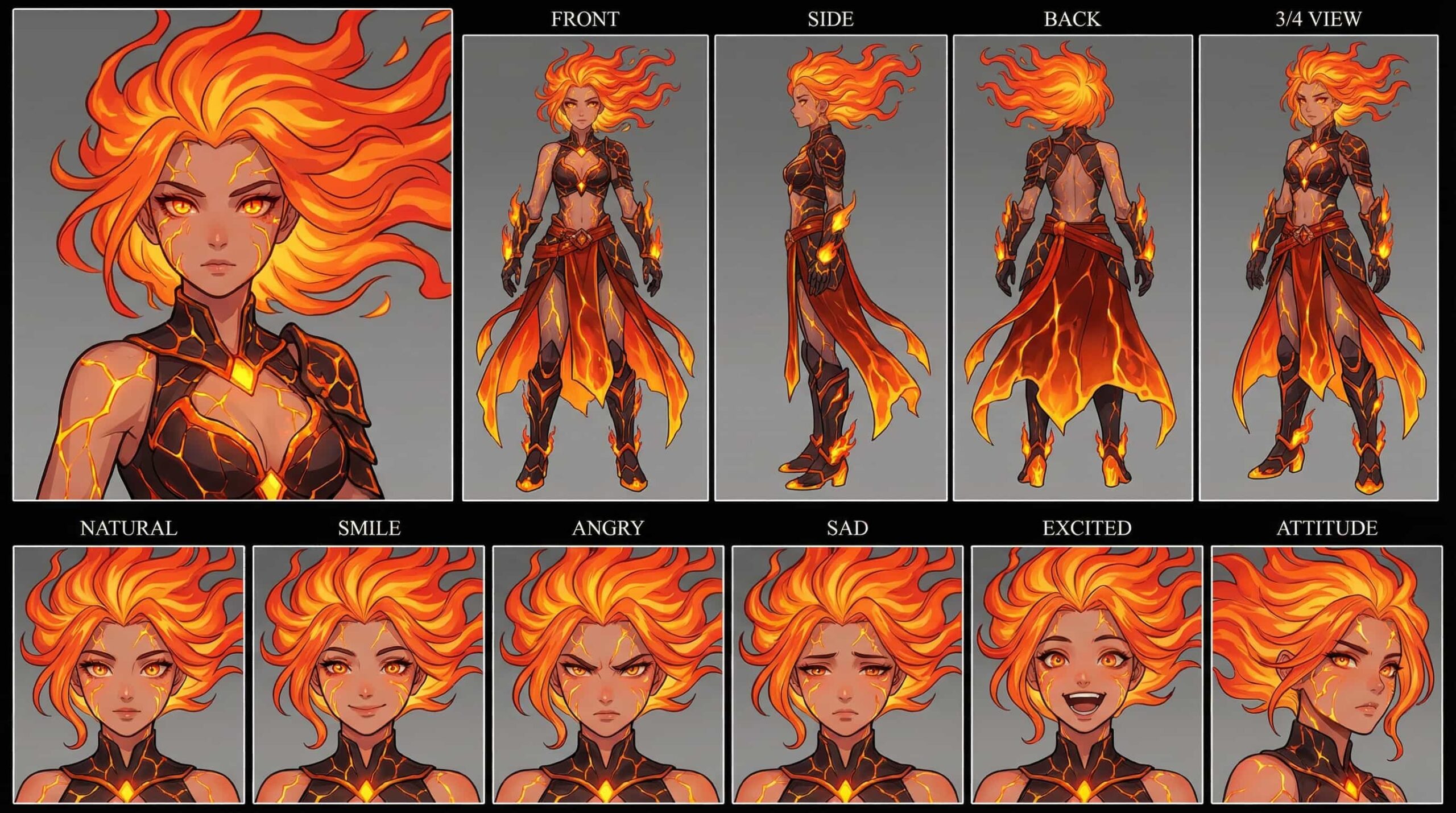 Full character sheet of a fire elemental anime girl with flaming orange hair, glowing eyes, and armor with lava-like cracks, showcasing various views and expressions.