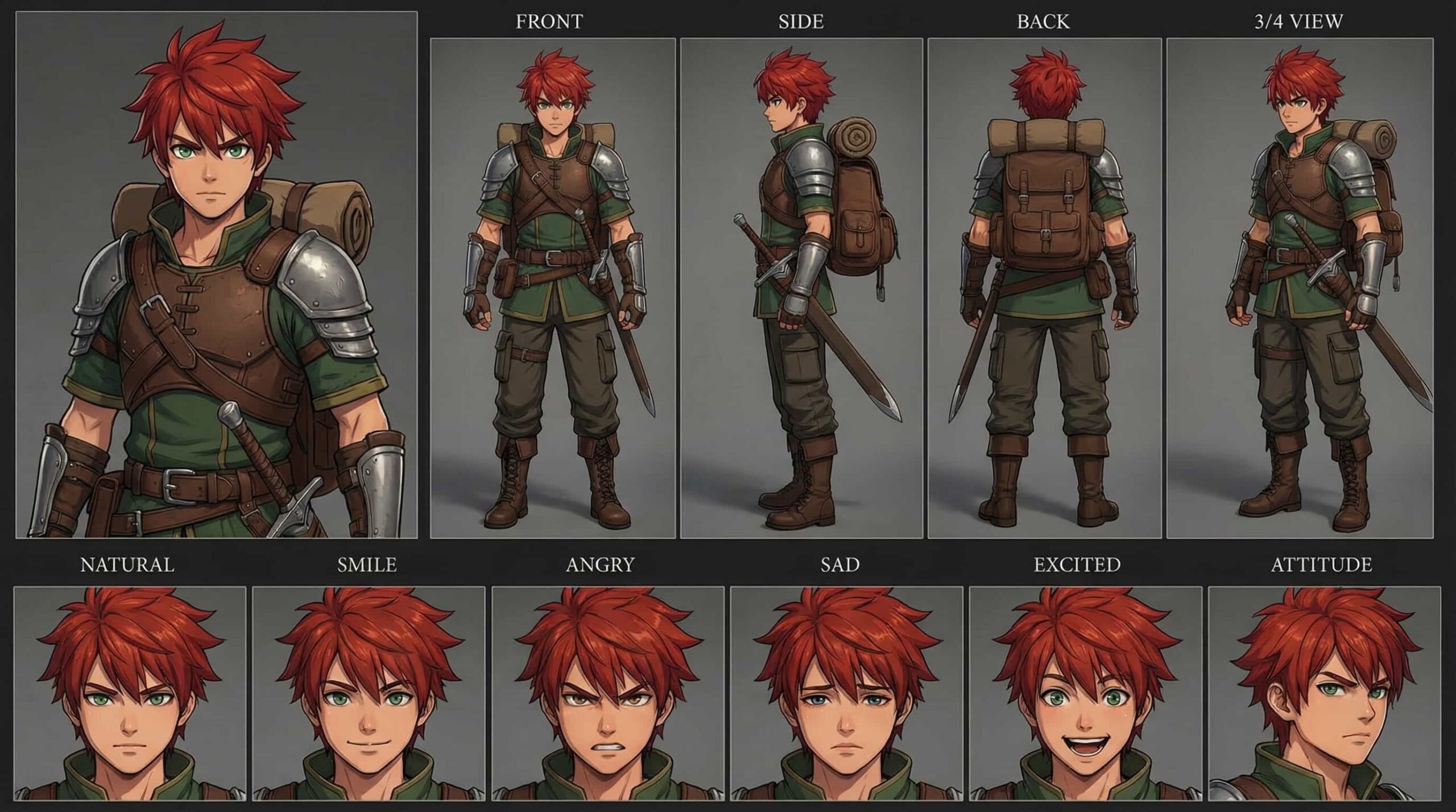 Classic 3D anime adventurer boy character sheet with messy red hair, green eyes, and a full backpack, featuring a detailed RPG stylized render