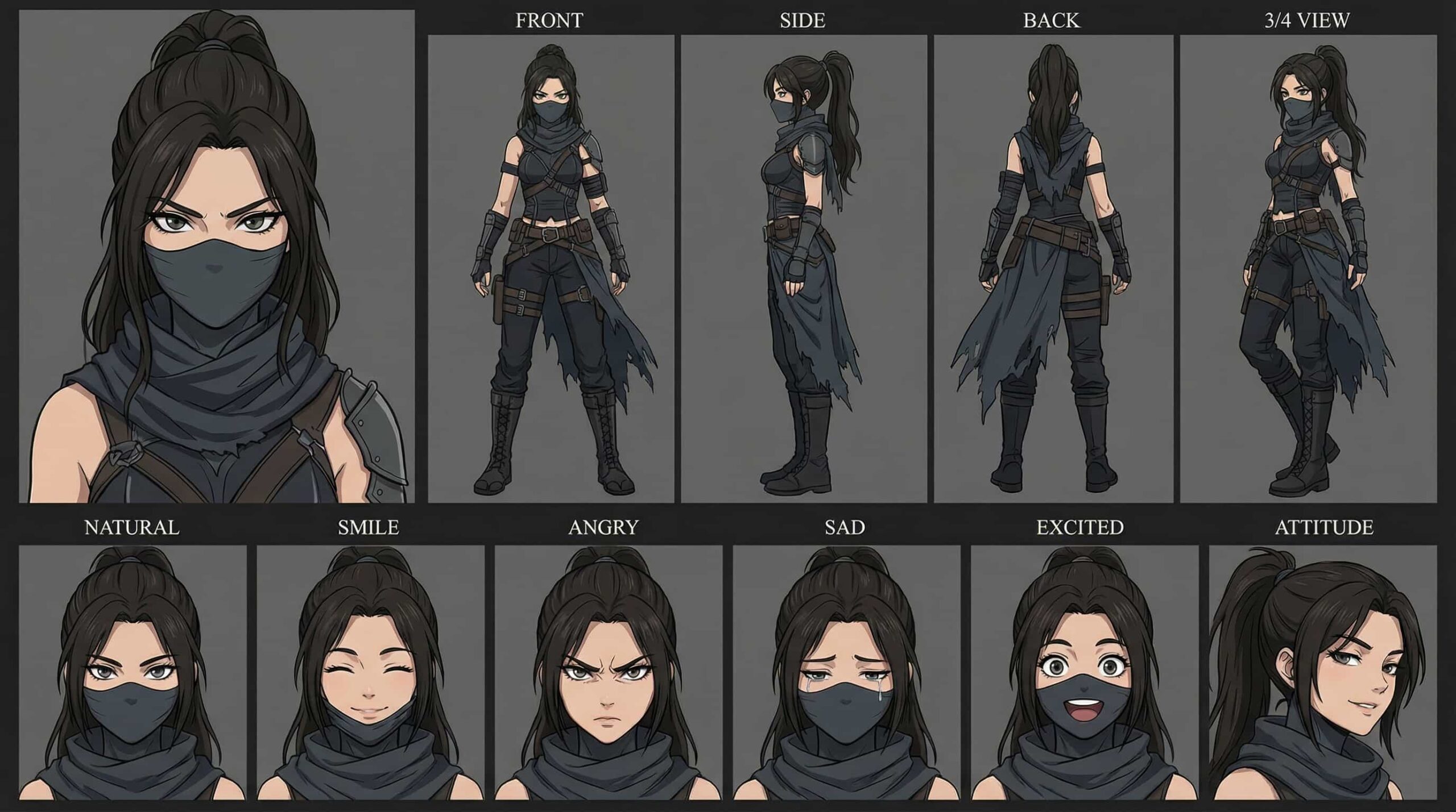 Character sheet of a desert rogue anime girl with dark hair, a face mask, and tattered tactical gear, showing various views and expressions.