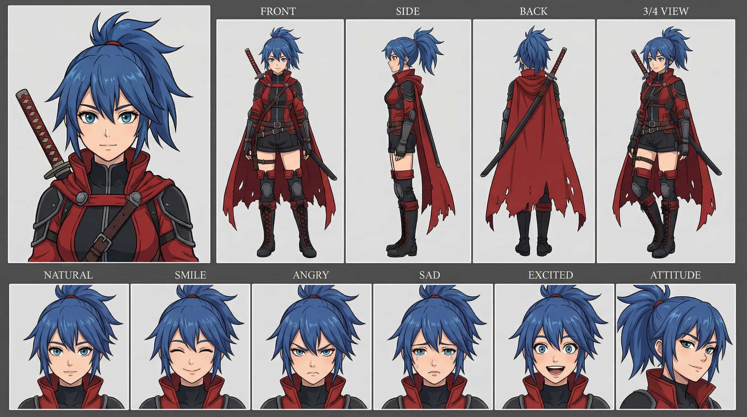 2D anime character design of a blue-haired tactical katana anime girl with a high ponytail, red and black outfit, and a red cape. Multi-angle reference sheet for OC.