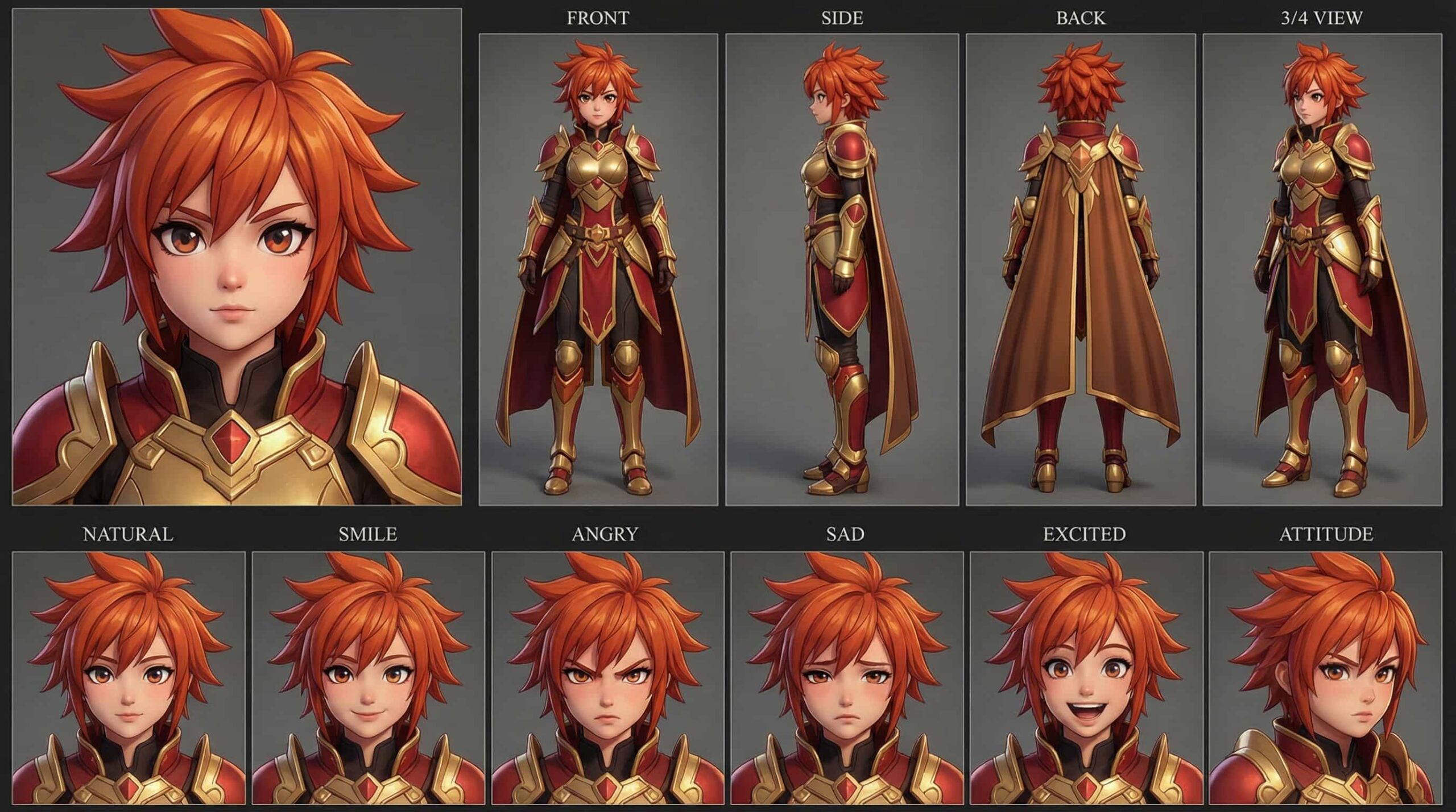 Bold 3D anime fire knight girl character sheet with spiky orange hair, red and gold heavy armor, and a commanding presence, in a vibrant stylized render.