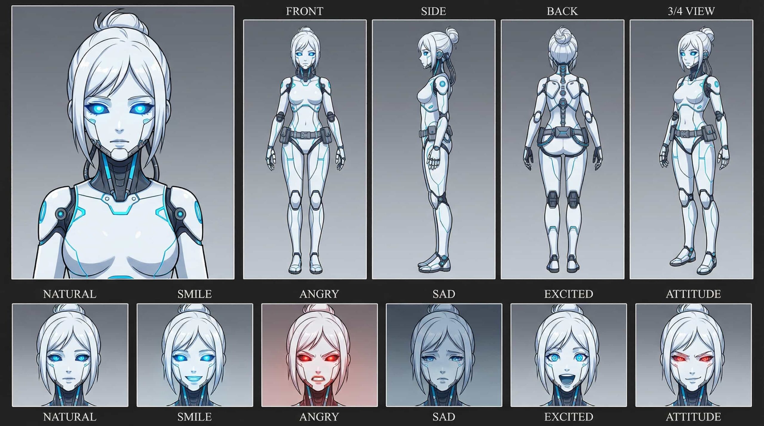 Full character sheet of an android cyborg anime girl with white hair, glowing blue eyes, and a sleek white robotic body with blue accents, displaying various views and expressions.