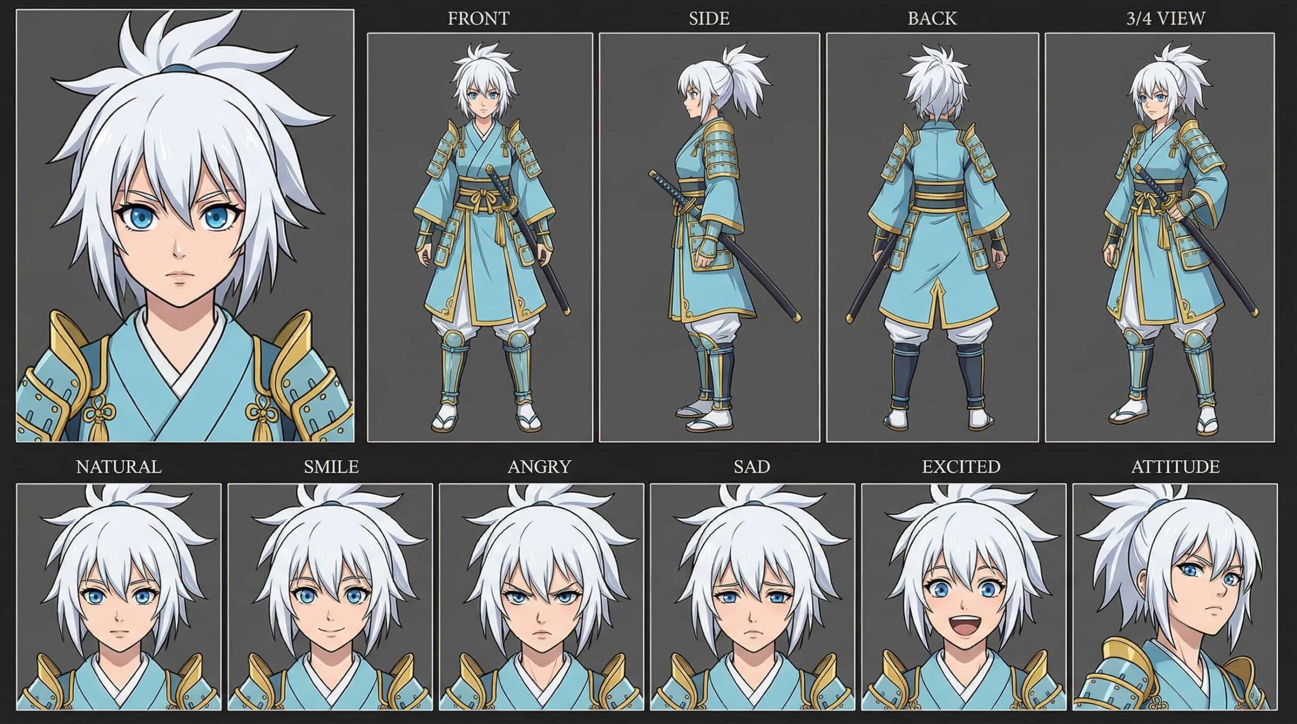 2D anime character design of a silver-haired samurai anime girl with a ponytail, light blue and gold armor, and a katana. Multi-angle reference sheet for OC.