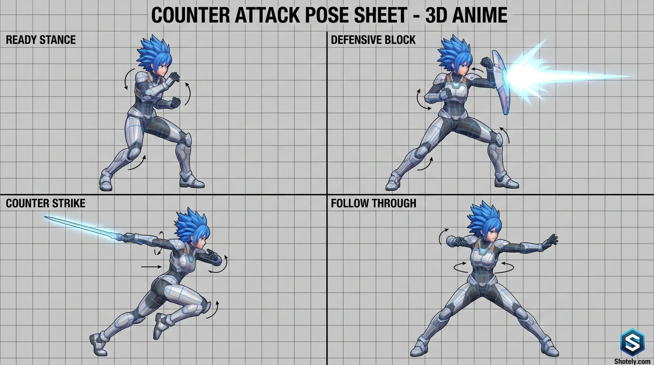 Anime Poses: 3D Counter Attack Pose Sheet with Energy Blade