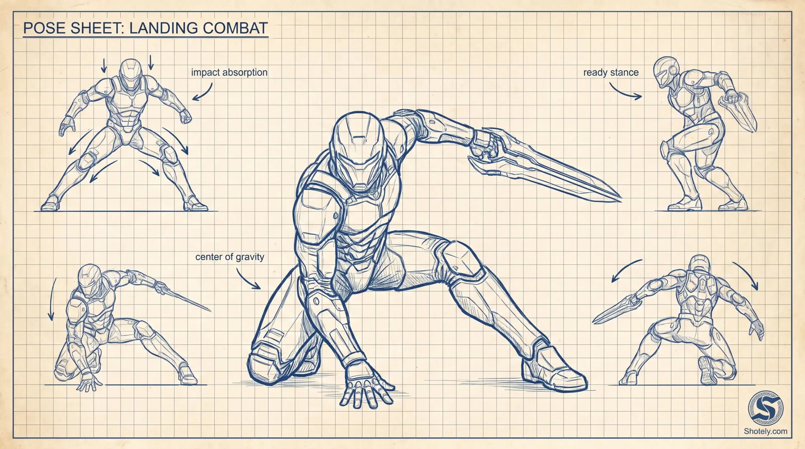 Anime Poses: Landing Combat Pose Sketch Reference