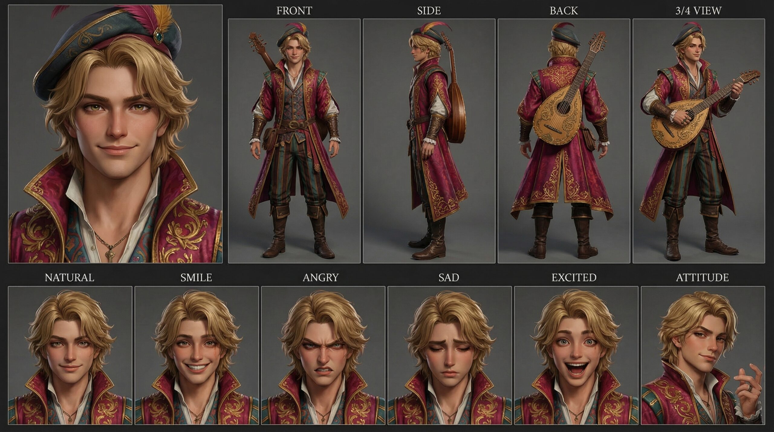 Stylized 3D anime bard character design with lute and ornate red coat, multi-angle render.