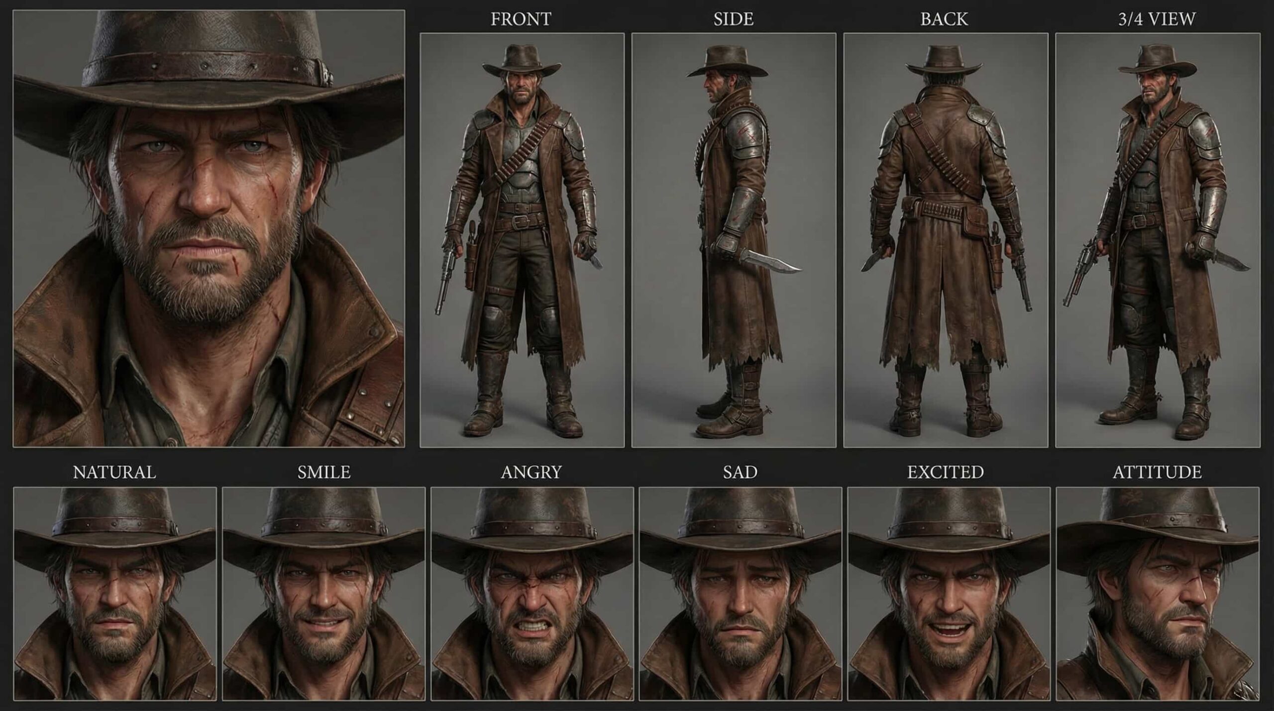 Rugged 3D anime cowboy gunslinger character with hat and duster coat, stylized 3D render.