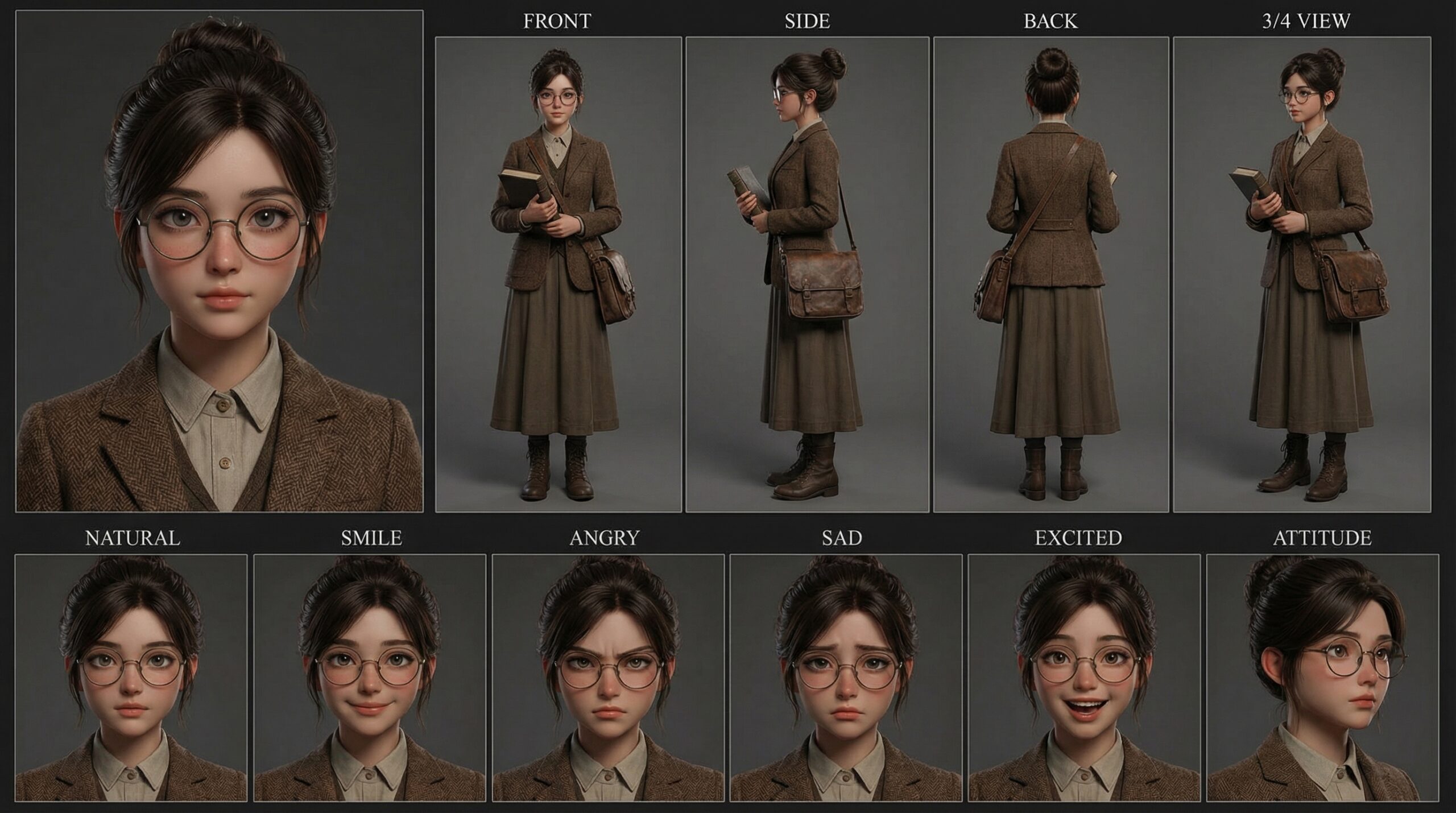 3D anime shy scholar Girl Character Design