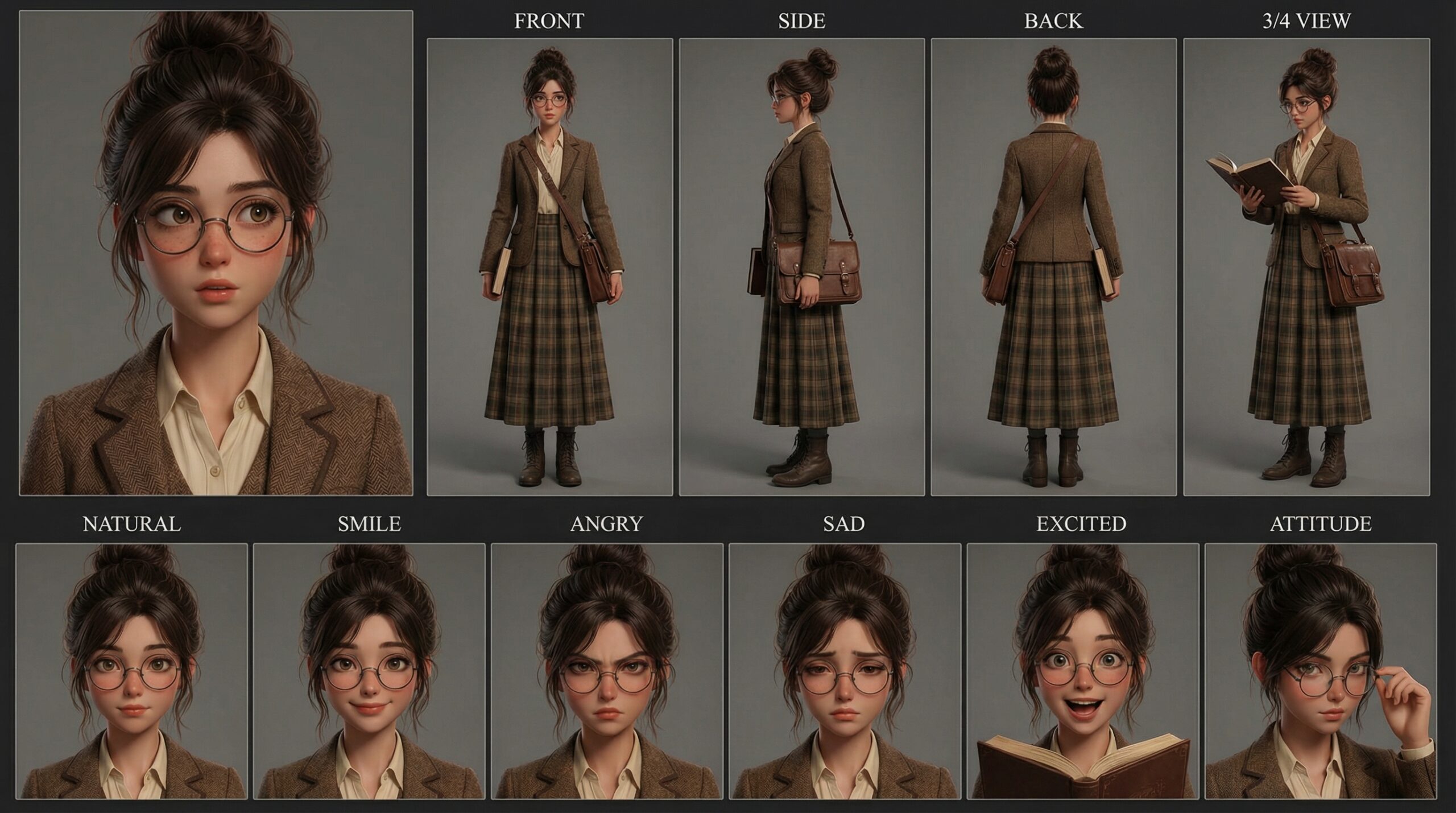 3D anime studious girl Girl Reading Character