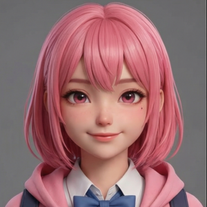 Energetic 3D anime inventor girl character with messy hair and alchemist tools, stylized 3D render.