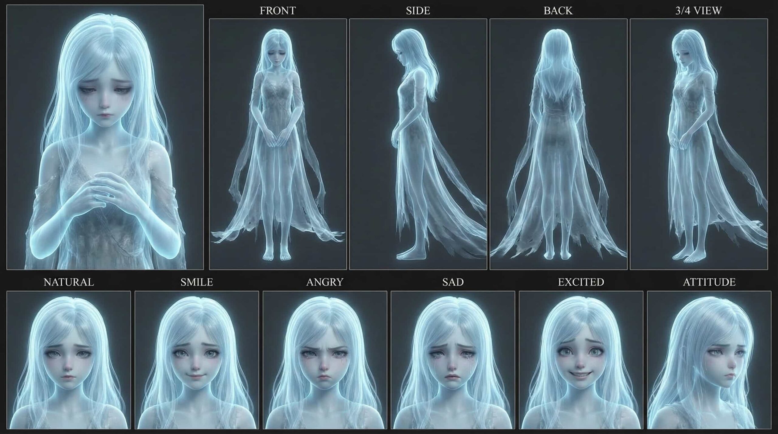 Ethereal 3D anime ghost girl character with translucent form and sad expression, stylized 3D render.