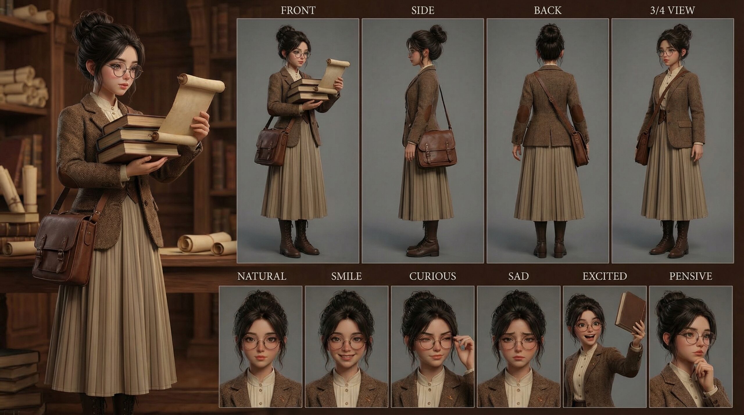 3D Anime Scholar Librarian Character Design