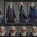 Archmage Thalric, a wise 3D anime wizard character, with a long white beard, blue and purple robes, and a magical staff, depicted in a detailed character sheet with various expressions.
