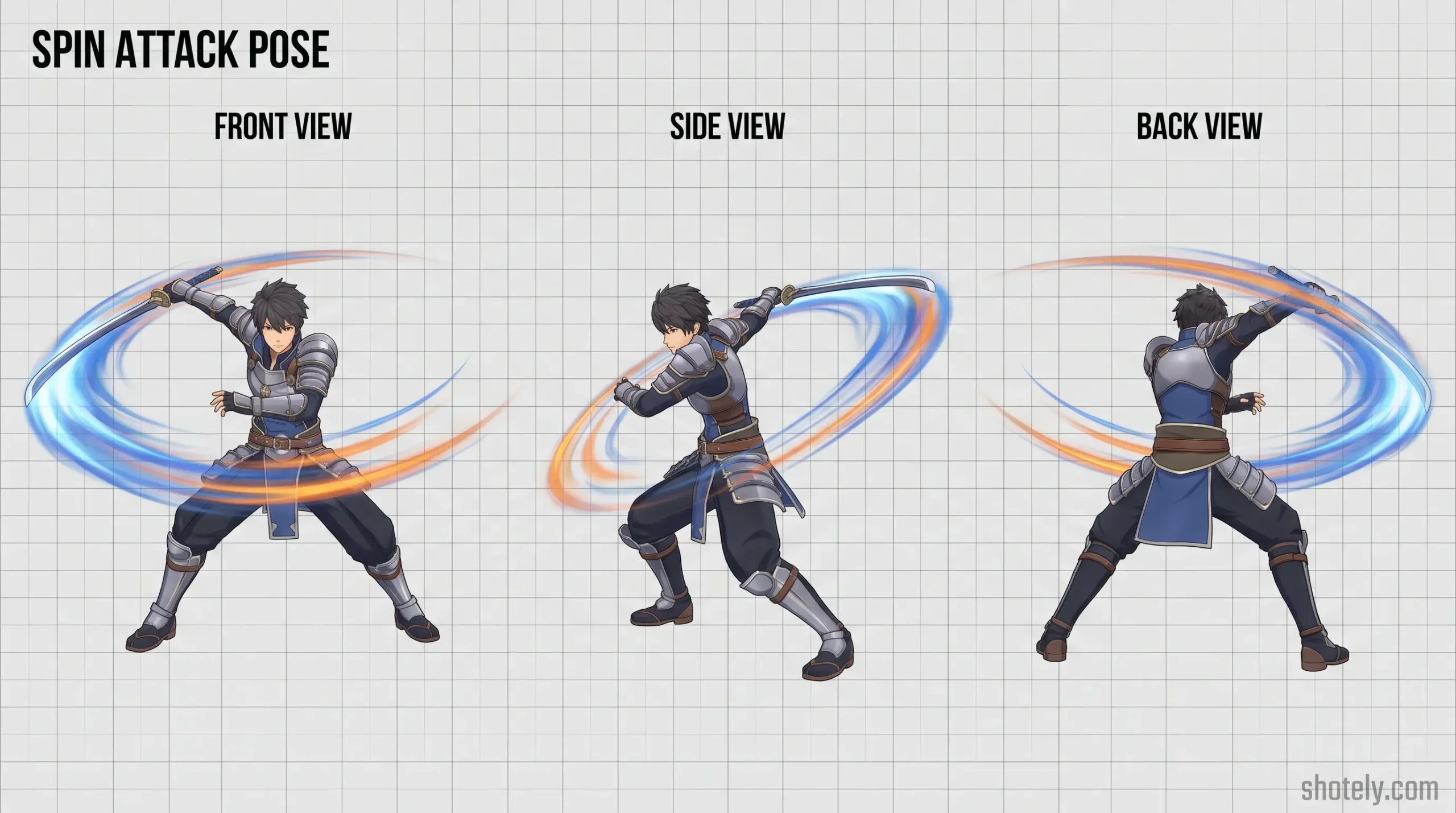 Anime Poses: Dynamic Spin Attack Pose Reference