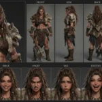 Brynhild Iron-Heart, a powerful 3D anime shield-maiden character, with braided brown hair, war paint, and a wolf and bear pelt mantle, shown in a detailed character sheet with various expressions.