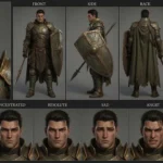 Commander Kaelen, a formidable 3D anime knight character, clad in green plate armor with a shield and spear, presented in a detailed character sheet showcasing his stern expressions.