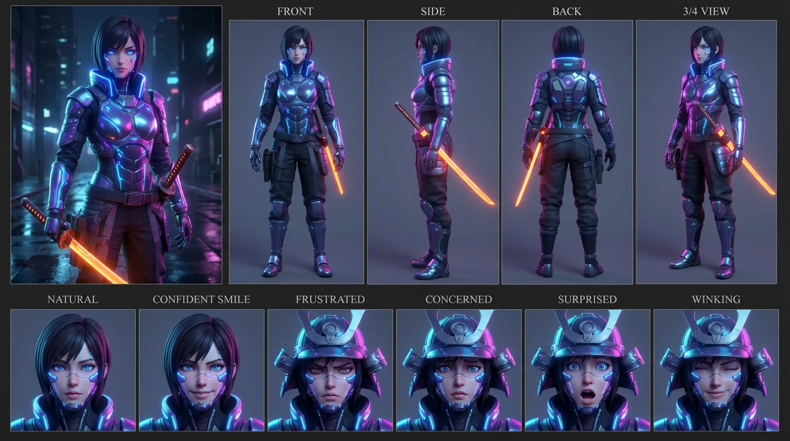 Cyberpunk Anime Girl 3D: Neon Samurai Character Design