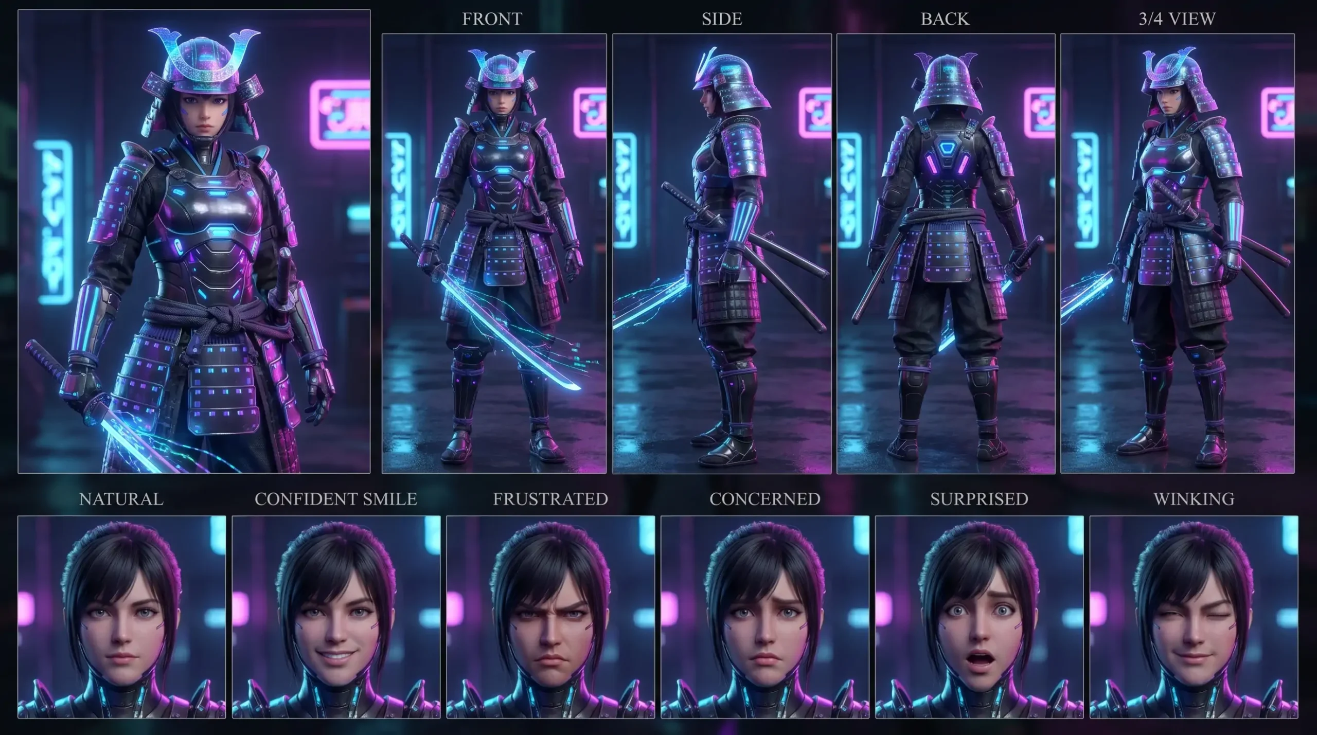 Cyberpunk Samurai Anime Girl: Neon Warrior 3D Design