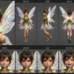 Elara Leafwhisper, a vibrant 3D anime fairy character, with iridescent wings and a leaf-themed dress, captured in a detailed character sheet showcasing various expressions and poses.