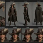 Finn the Nomad, a resourceful 3D anime tech-scavenger character, with shaggy brown hair, goggles, and a denim and leather jacket, presented in a detailed character sheet showcasing his determined expressions.