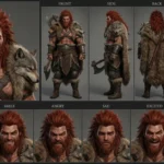 Gunnar Wolf-Kin, a powerful 3D anime chieftain character, with wild red hair and beard, a bear and wolf pelt mantle, and a massive double-headed axe, depicted in a detailed character sheet showcasing his fierce expressions.