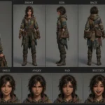 Jax the Scavenger, a resourceful 3D anime female post-apocalyptic character, with messy dark hair, goggles, and patchwork attire, presented in a detailed character sheet showcasing her determined expressions.