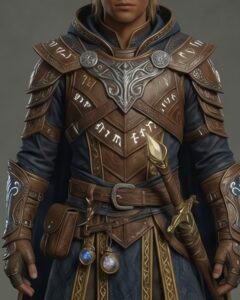 Kaelen in intricate fantasy armor, featuring leather, metal, and a blue hooded cape