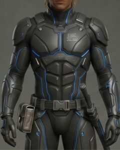 Kaelen in a sleek, dark grey sci-fi armored