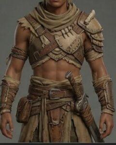 Kaelen as a rugged tribal warrior, clad in leather and fur,