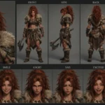 Lyra the Wild, a fierce 3D anime barbarian character, with long red hair, fur-lined leather armor, and a battle axe, depicted in a detailed character sheet showcasing various expressions.