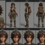 Miri the Tinkerer, a clever 3D anime gadgeteer character, with spiky brown hair, goggles, and a patchwork outfit, presented in a detailed character sheet showcasing her expressive attitudes.