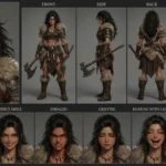 Morana the Fierce, a formidable 3D anime dark barbarian character, with wild black hair, black war paint, and twin axes, depicted in a detailed character sheet showcasing her intense expressions.