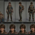 Silas the Rogue, a charming 3D anime duelist character, with dark hair, a feathered hat, and leather armor, presented in a detailed character sheet showcasing his sly expressions.