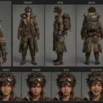 Zephyr the Explorer, a daring 3D anime sky-pirate character, with spiky brown hair, goggles, and a long patchwork coat, presented in a detailed character sheet showcasing his adventurous expressions.